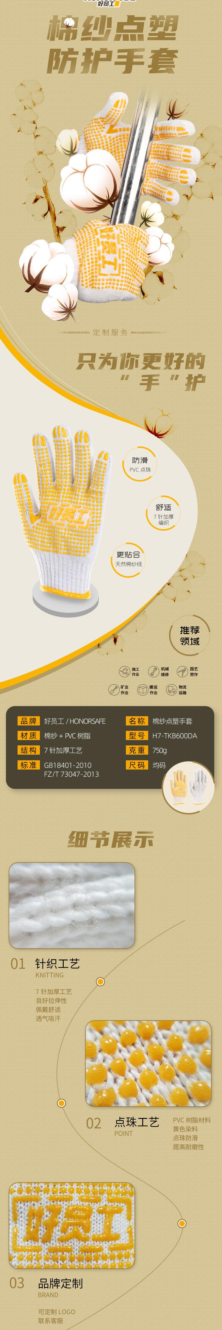 好員工H7-TKB600DB PVC藍色點珠防滑棉紗手套圖片