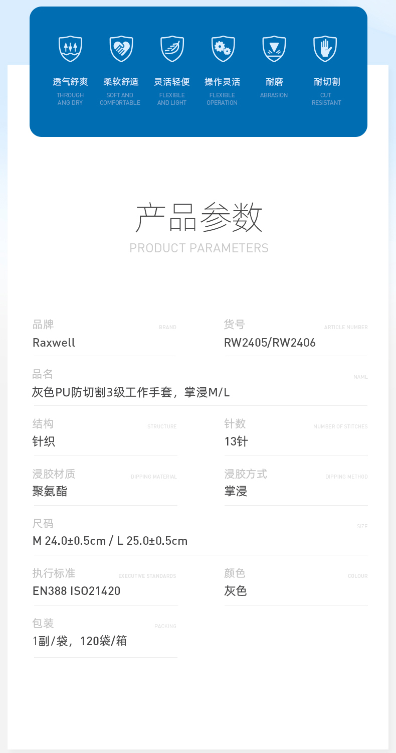 瑞氪維爾RW2405PU涂層3級防割手套圖片2
