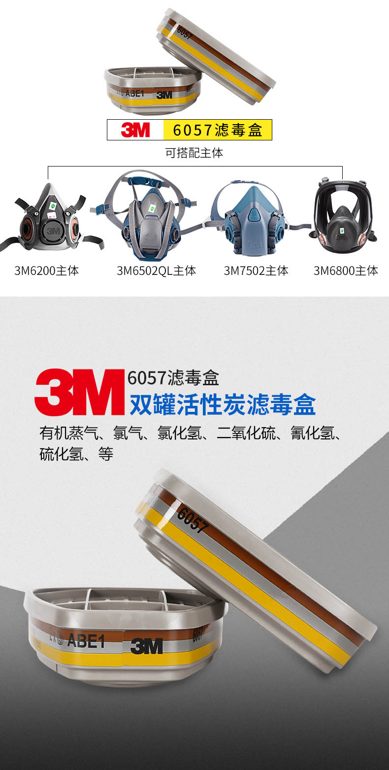 3M6057防護(hù)有機(jī)/無(wú)機(jī)/酸性氣體濾毒盒