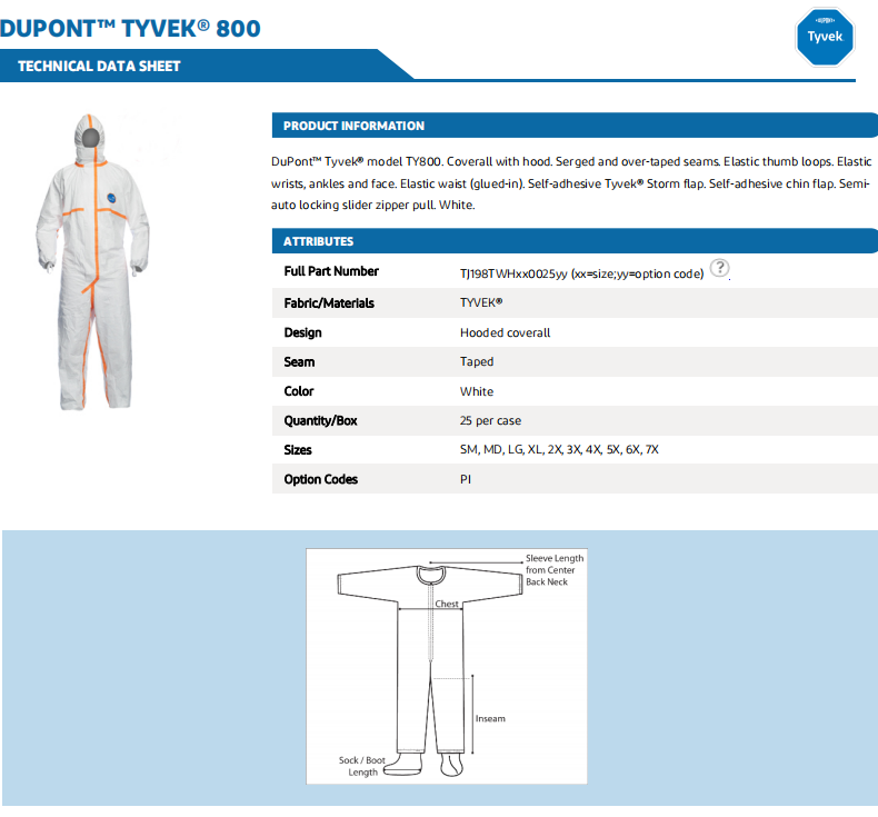 杜邦Tyvek800J TJ198TWHP防護(hù)服膠條連體C級(jí)防化服